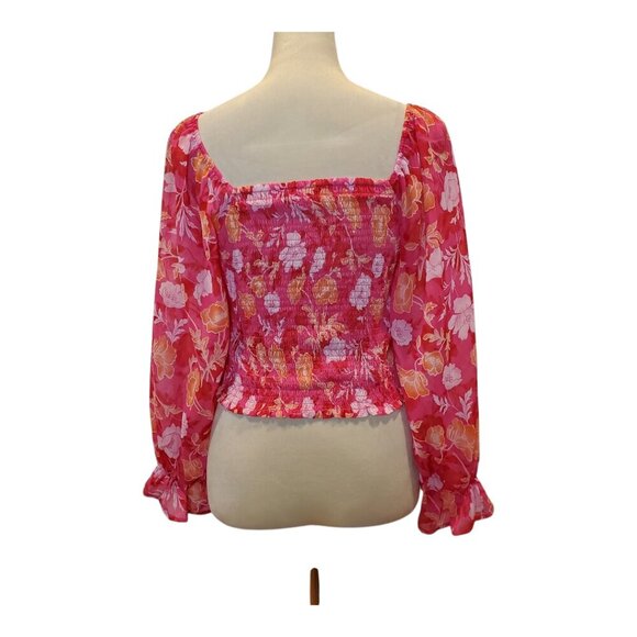 PLEIONE SZ S Pink/Orange Floral Ruched, Smocked Back Spring/Summer Sexy Blouse - Picture 6 of 10